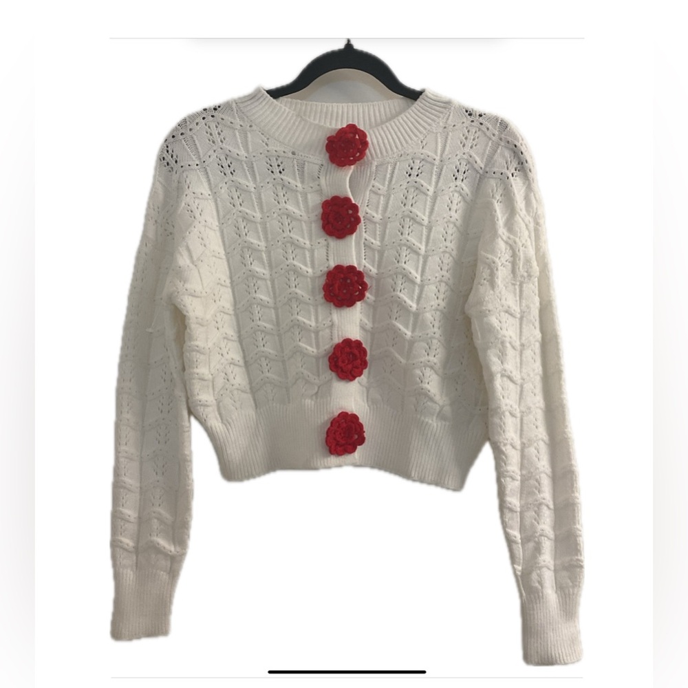 NEW Jessica Simpson Adorable White Sweater with Red Crochet floral Snaps.